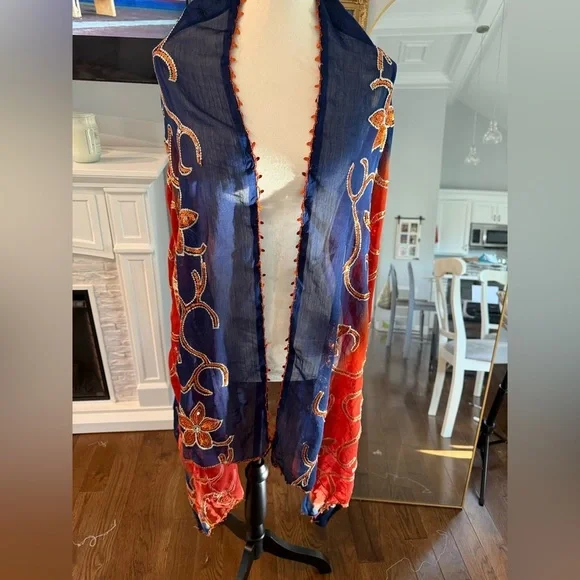 Floral Embroidered Scarf in Red and Blue Large 69”x 33” - Picture 3 of 13